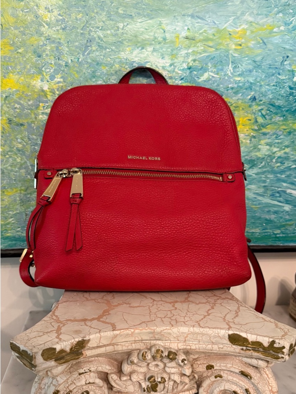 Michael Kors Rhea Red Pebbled Leather Medium Backpack